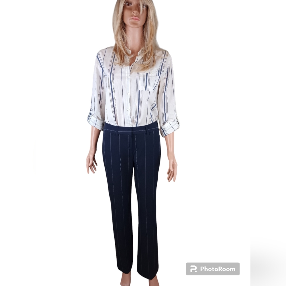 Blue and white striped, button down blouse